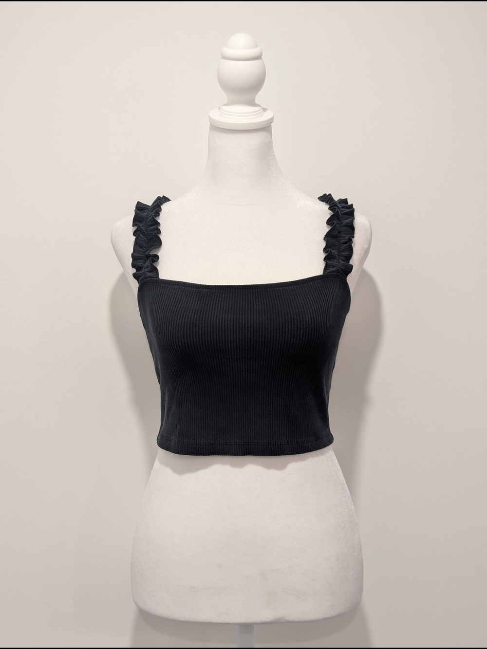 Sunday Best Black Ribbed Crop Top with Ruffled Straps - Picture 1 of 12